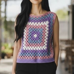 Cottagecore Multi-Color Crochet Knit Sleeveless Sophie Granny Sweater Top S